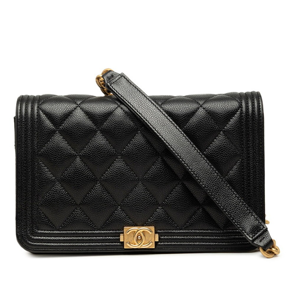 Chanel Coco Mark Boy Chain Wallet Shoulder Bag AP1117 Black Gold Caviar Skin ...